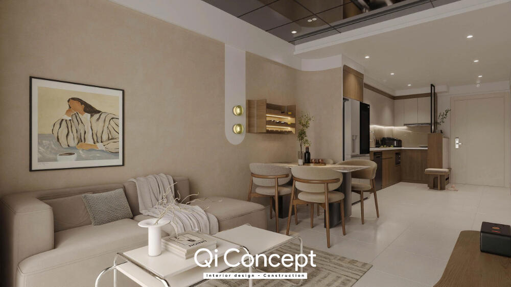 Phối cảnh thiết kế nội thất Prosper Plaza 70m² nhìn từ phòng khách về khu bếp