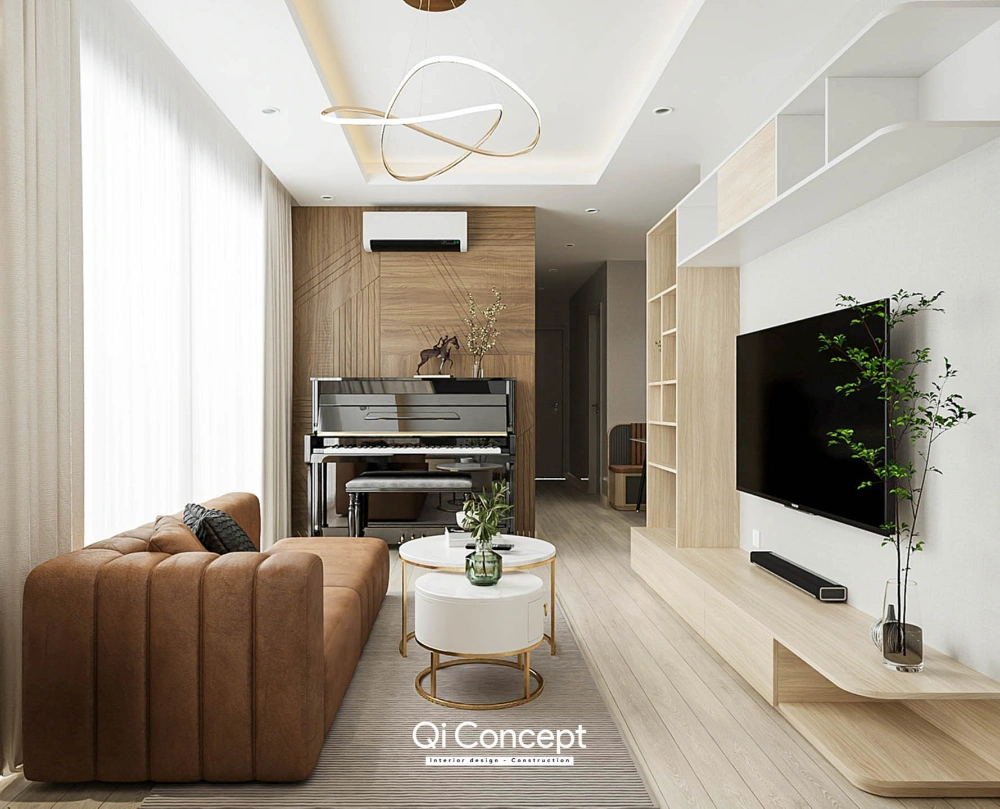 Phòng khách căn hộ Star Hill với sofa nâu và đàn piano