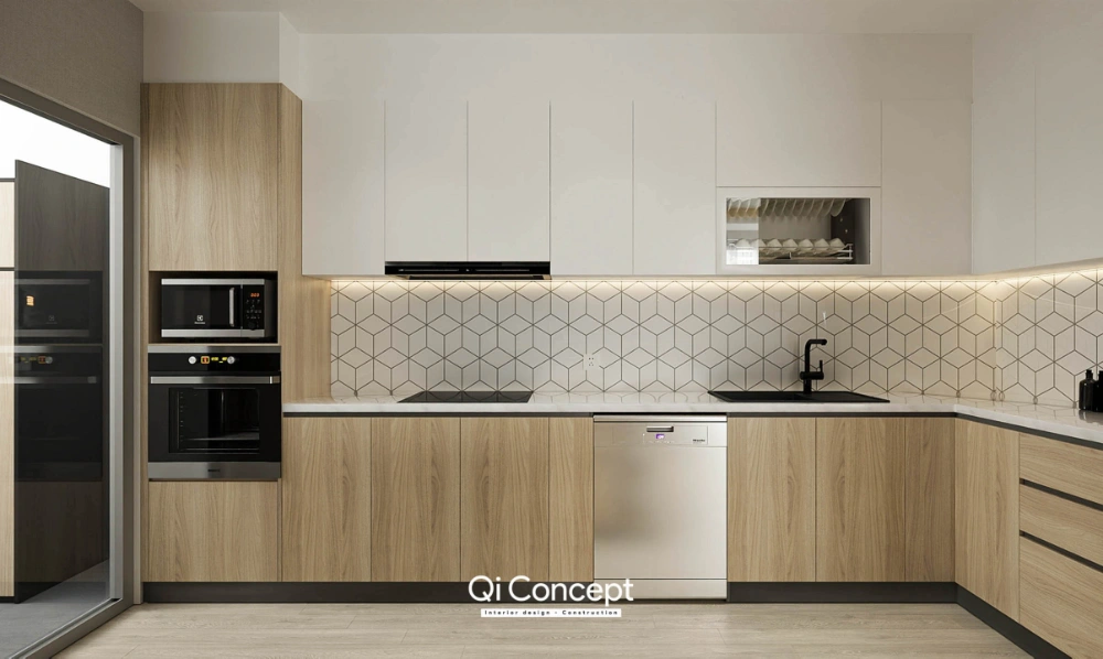Hệ tủ bếp trắng và gỗ sáng tại căn hộ Star Hill