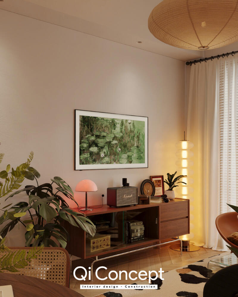 Phối cảnh tủ thấp và tranh trang trí phòng khách Masteri 80m2