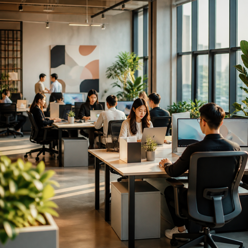 Thiết kế nội thất văn phòng không gian mở với các bàn làm việc dài, ghế xoay hiện đại và vách ngăn thấp, tạo sự kết nối và tương tác giữa các đồng nghiệp.