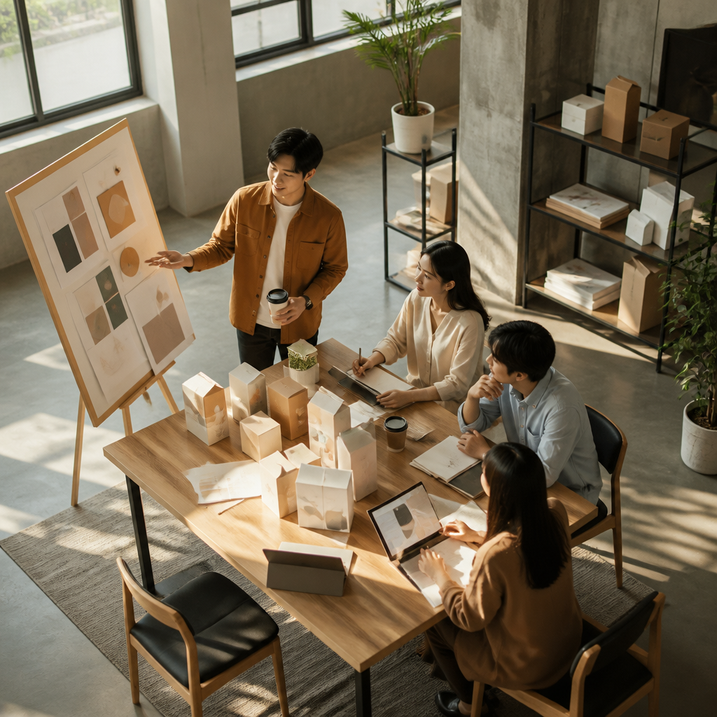 Một góc văn phòng kết hợp phong cách hiện đại và công nghiệp, với bức tường gạch thô, hệ thống đèn chiếu sáng công suất lớn và bàn làm việc tối giản, tạo nên một không gian làm việc sáng tạo và mạnh mẽ.