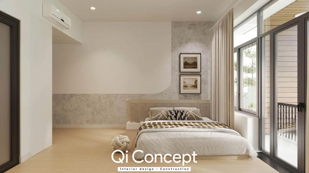 Giường đặt cạnh cửa kính, vách đầu giường bề mặt họa tiết sáng