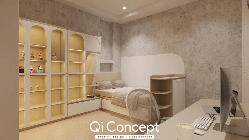 Kệ trưng bày có đèn sát giường, bàn học ở cạnh còn lại