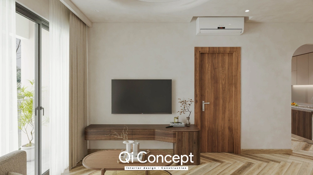 Phối cảnh 3D hệ kệ tivi treo tường và cửa phòng ngủ căn hộ Akari
