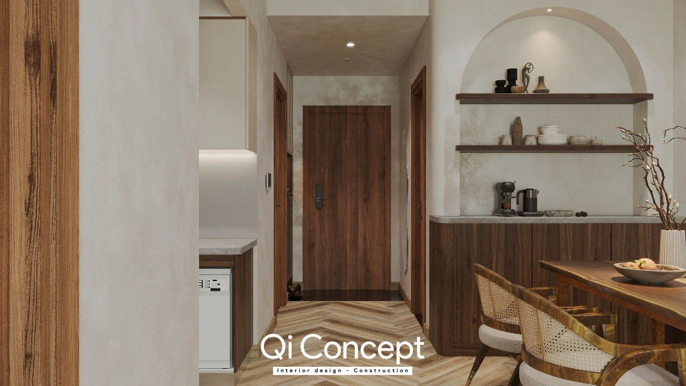 Phối cảnh 3D sảnh đệm hành lang và cửa chính căn hộ Akari City