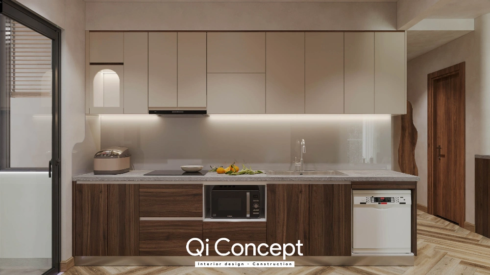 Phối cảnh 3D hệ tủ bếp chữ I kịch trần căn hộ Akari City