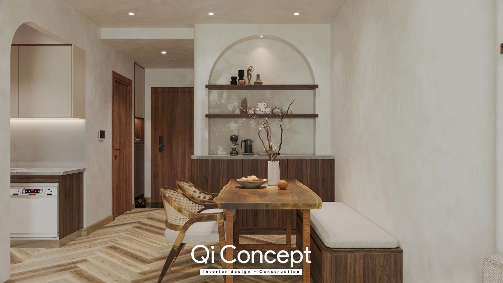 Phối cảnh 3D tủ trang trí hốc vòm Wabi Sabi tại khu vực bàn ăn căn hộ Akari