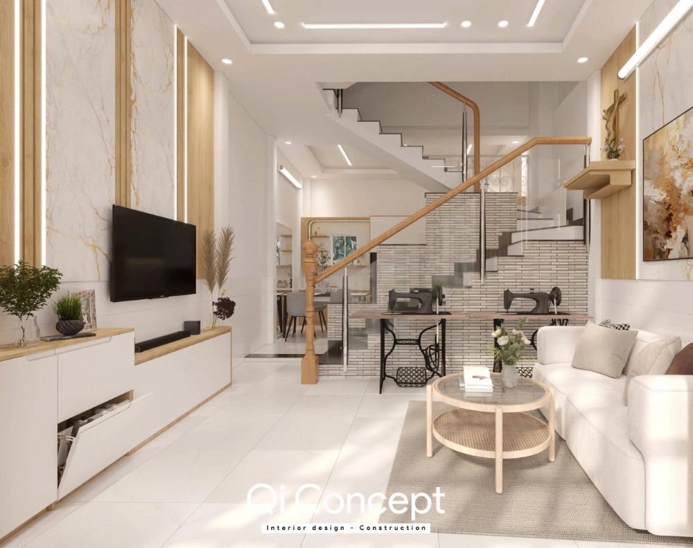 Phối cảnh 3D thiết kế nội thất nhà phố Long An không gian phòng khách tầng trệt