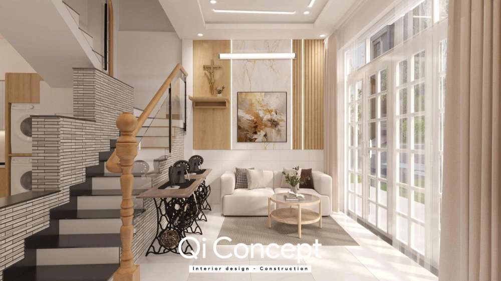 Phối cảnh 3D phòng khách nhà phố Long An góc nhìn ra cửa chính
