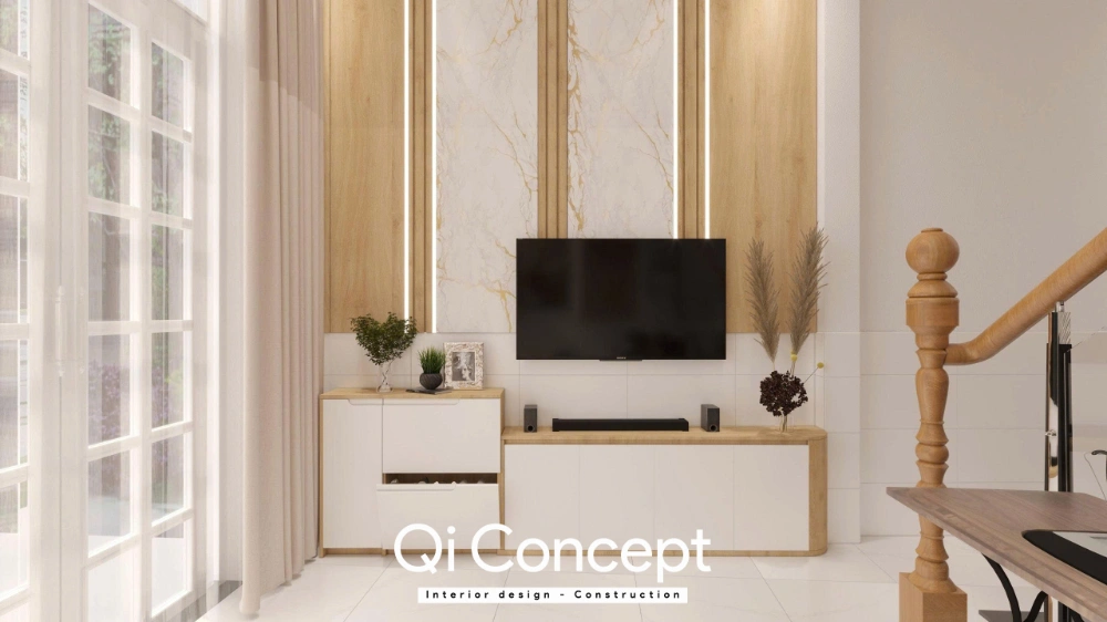 Phối cảnh 3D vách tivi ốp vân đá và lam gỗ phòng khách nhà phố Long An