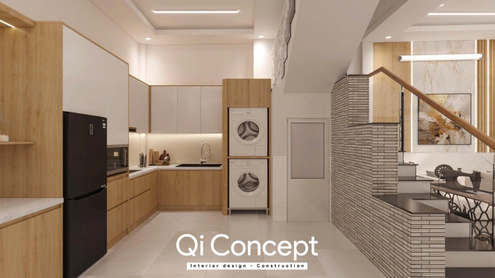 Phối cảnh 3D khu vực bếp và góc giặt sấy nhà phố Long An