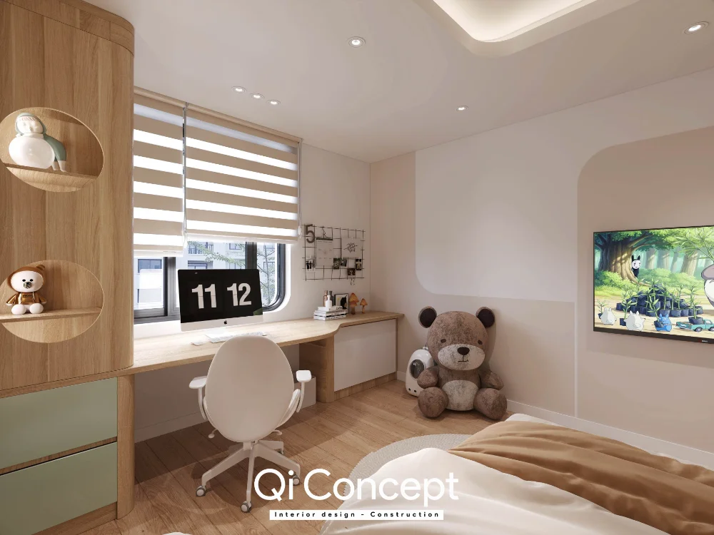 Bàn cạnh cửa sổ, kệ cong và mảng TV trong phòng ngủ phụ