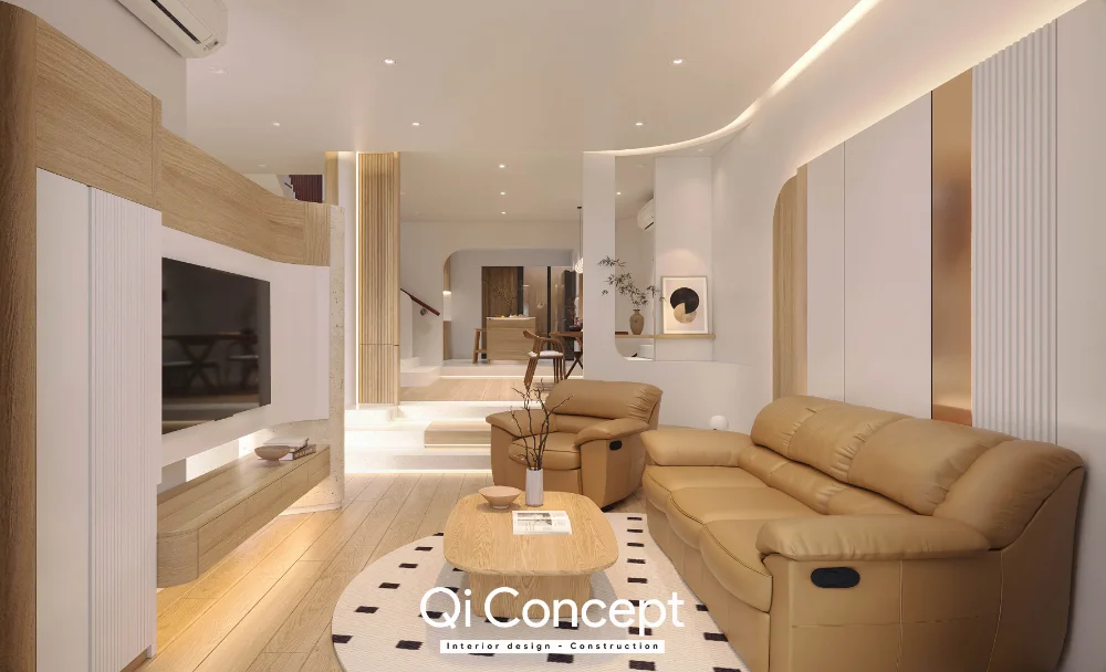 Phòng khách nhìn dọc từ sofa về khu bàn ăn phía sau