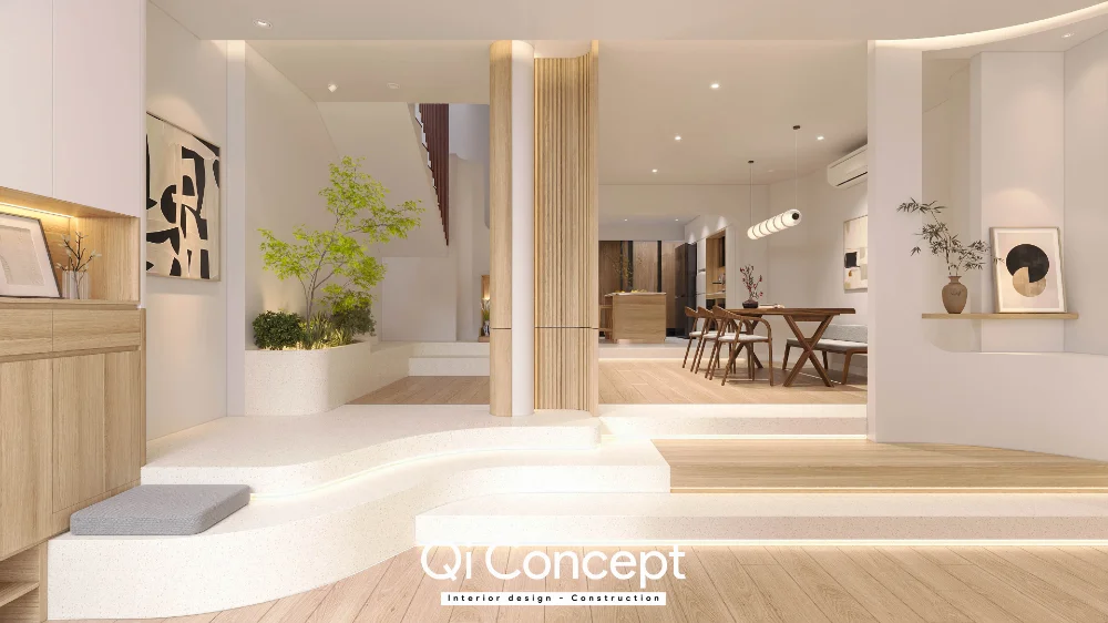 Các bậc chuyển cao độ nối phòng khách với bàn ăn và khu bếp
