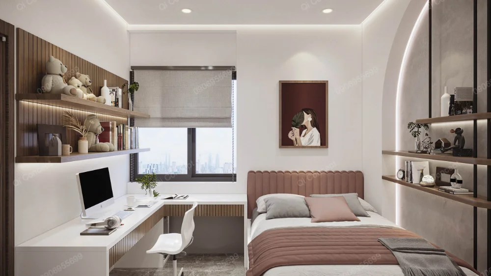 Giường màu hồng đất và bàn làm việc chữ L trong phòng ngủ phụ