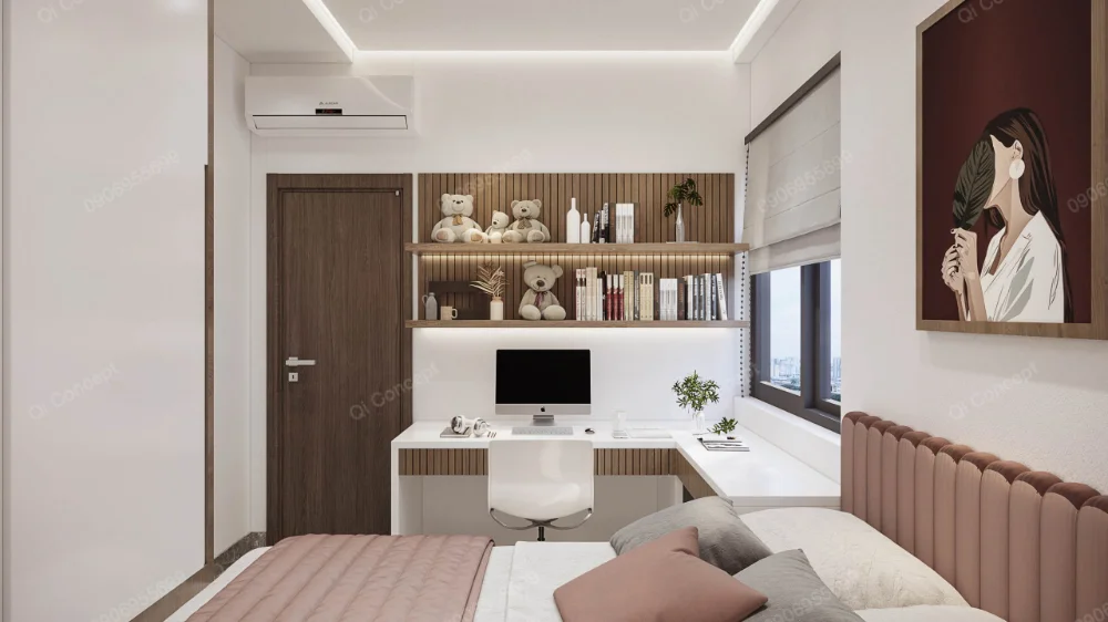 Bàn làm việc dưới kệ sách và cạnh cửa sổ trong phòng ngủ phụ