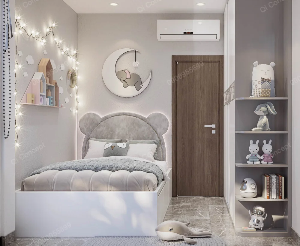 Giường đầu hình tai gấu và kệ đồ chơi trong phòng ngủ của bé