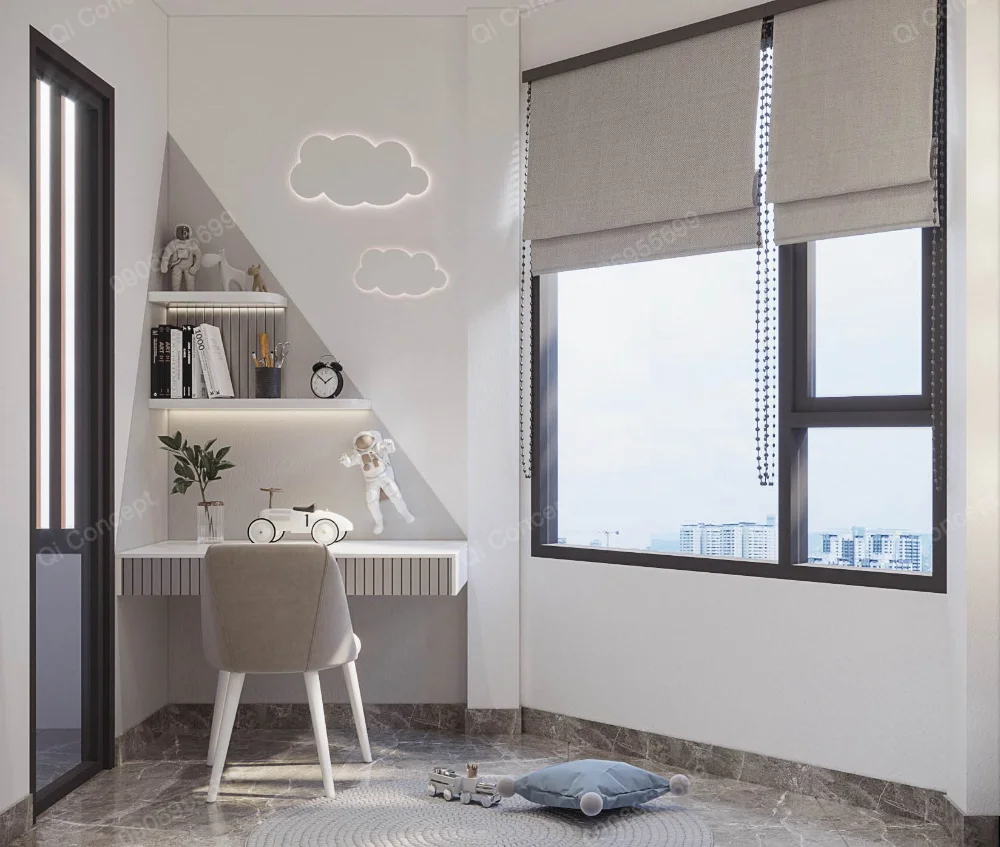 Bàn học cạnh cửa sổ với kệ sách và trang trí hình đám mây