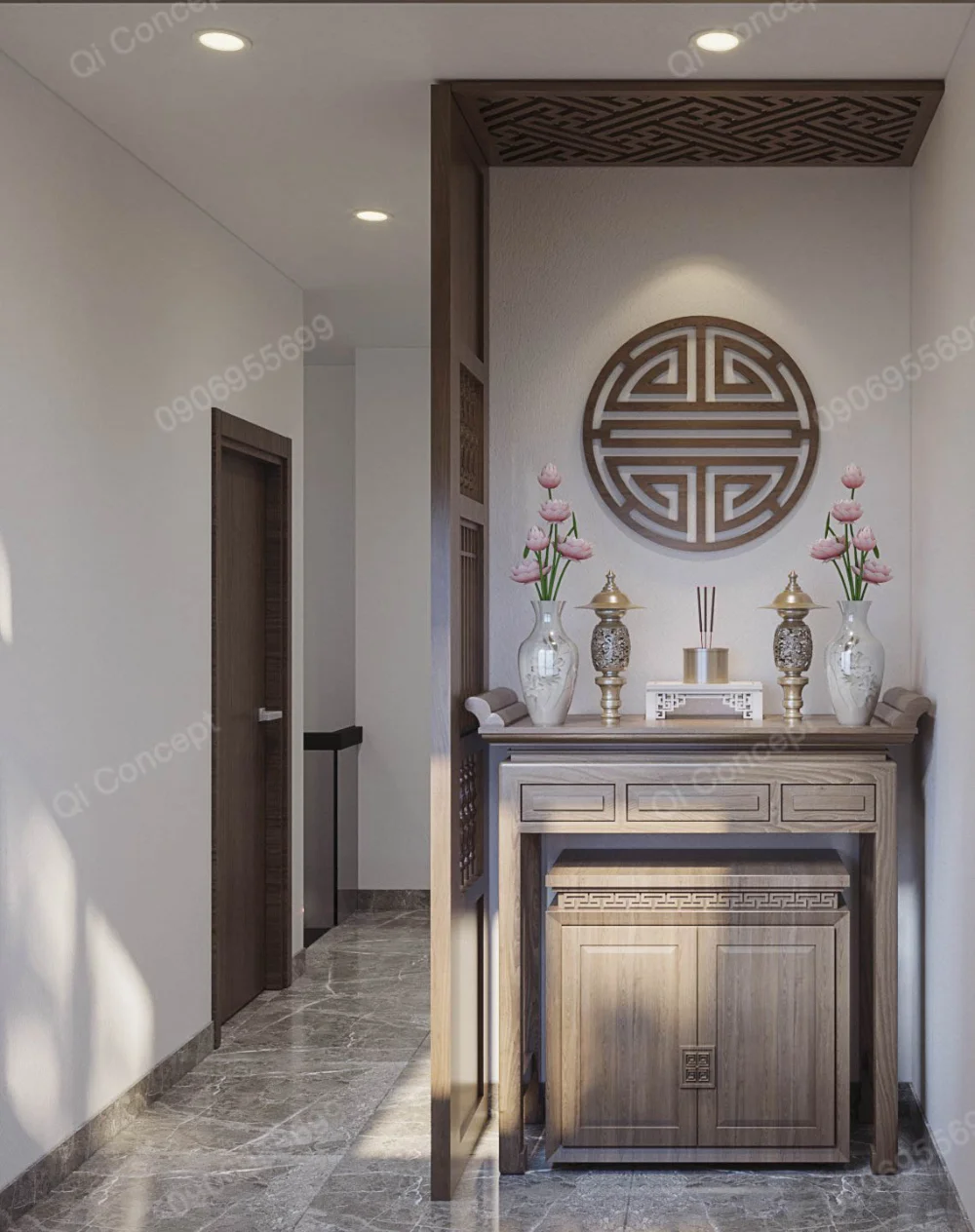 Bàn thờ với hệ khung trang trí màu nâu và họa tiết tròn phía sau