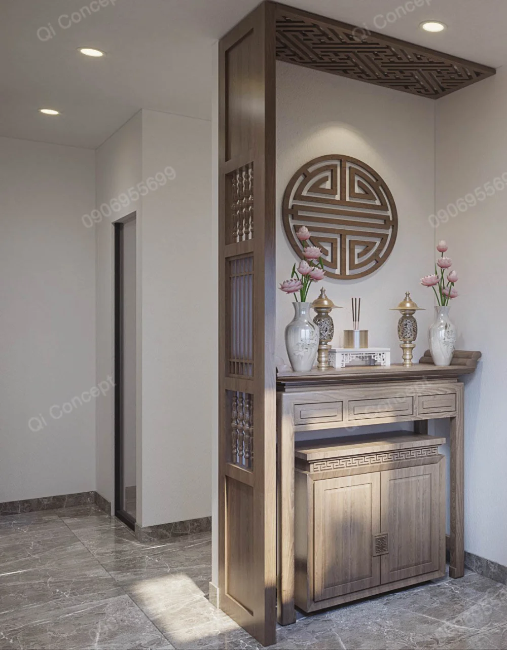 Góc nhìn nghiêng bàn thờ và vách bên có ô trang trí