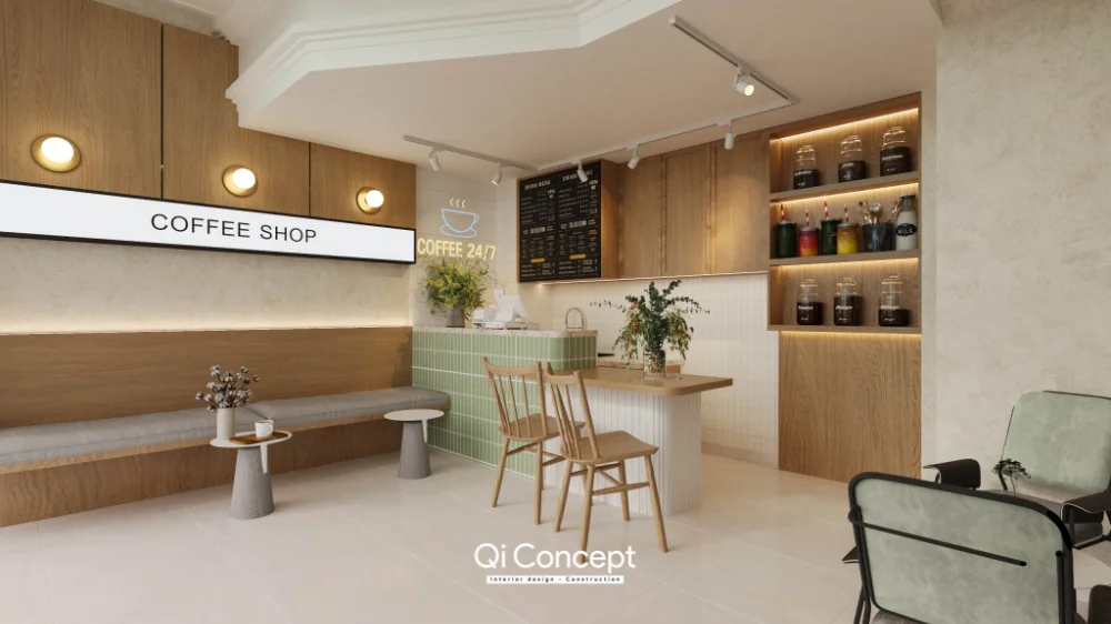 Quán cà phê với quầy xanh nhạt, ghế băng và bàn nhỏ