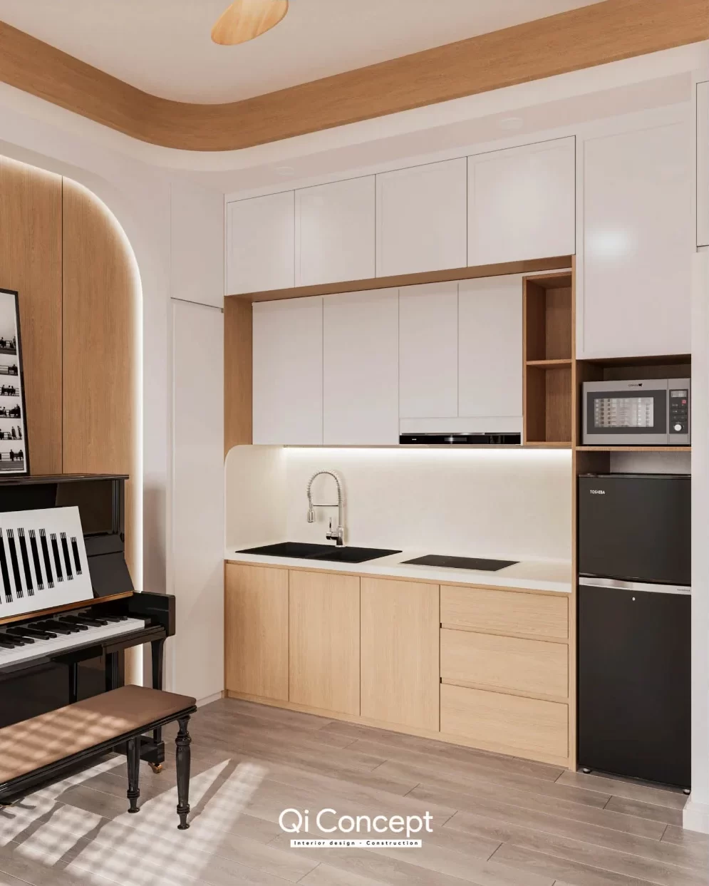 Tủ bếp trắng phối hiệu ứng vân gỗ cạnh góc đàn piano