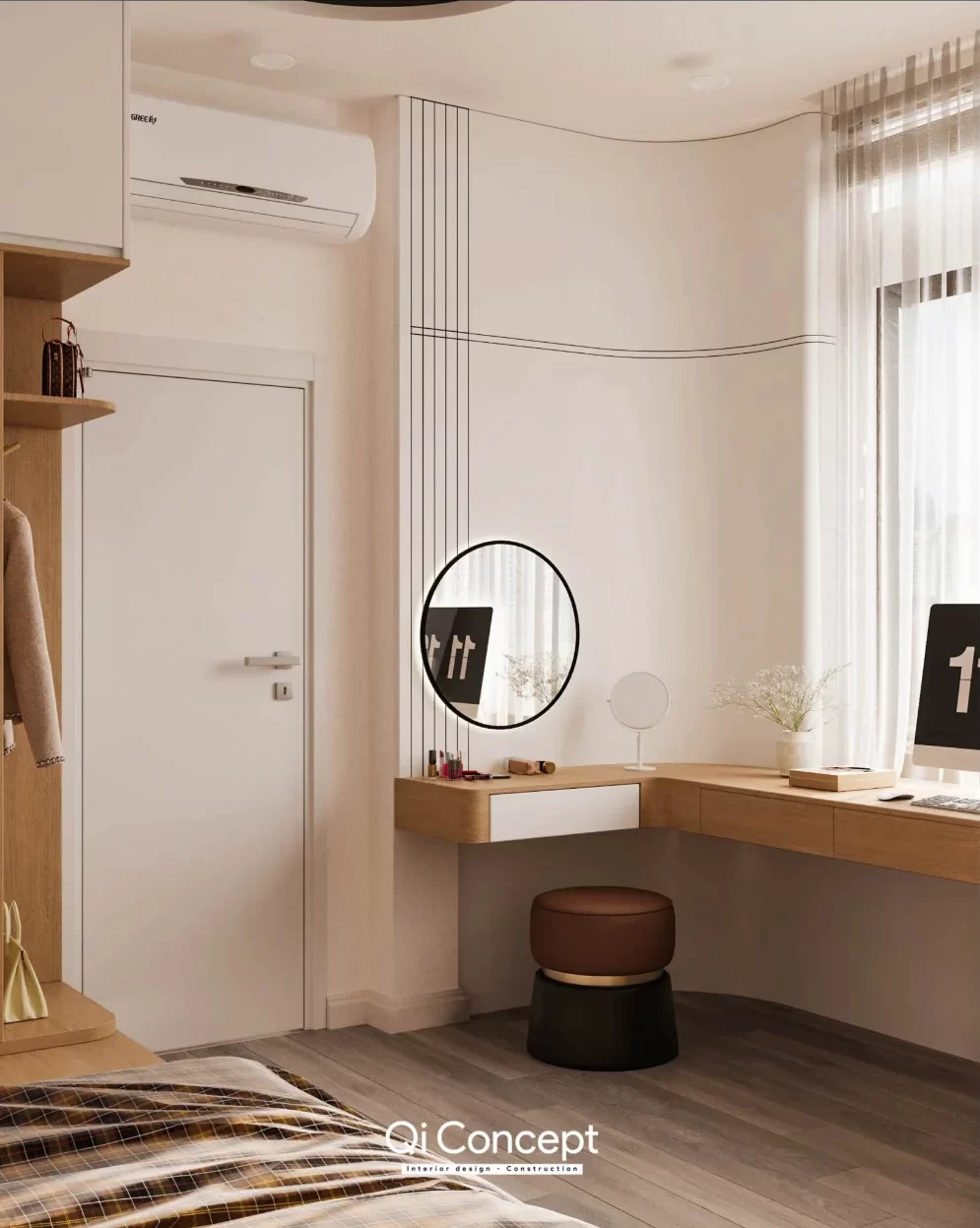Bàn trang điểm với gương tròn nối tiếp bàn cạnh cửa sổ