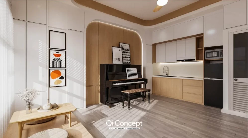 Bàn thấp, đệm ngồi, đàn piano và khu bếp tại tầng 2