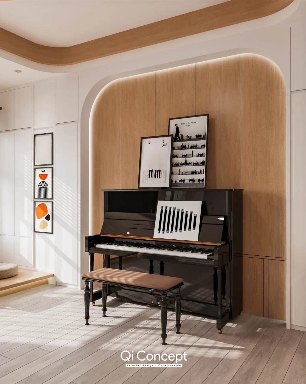Đàn piano trước mảng ốp hiệu ứng vân gỗ bo cong